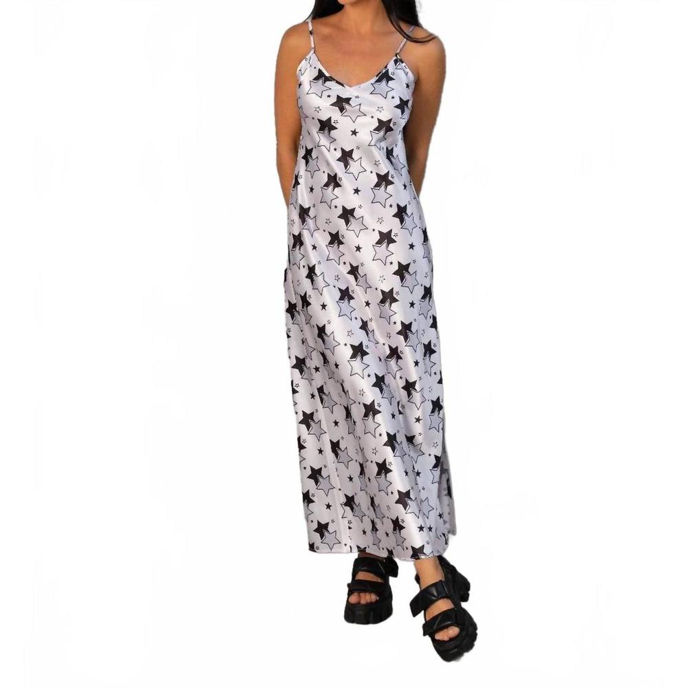 Star Print White Satin Midi Slip Dress